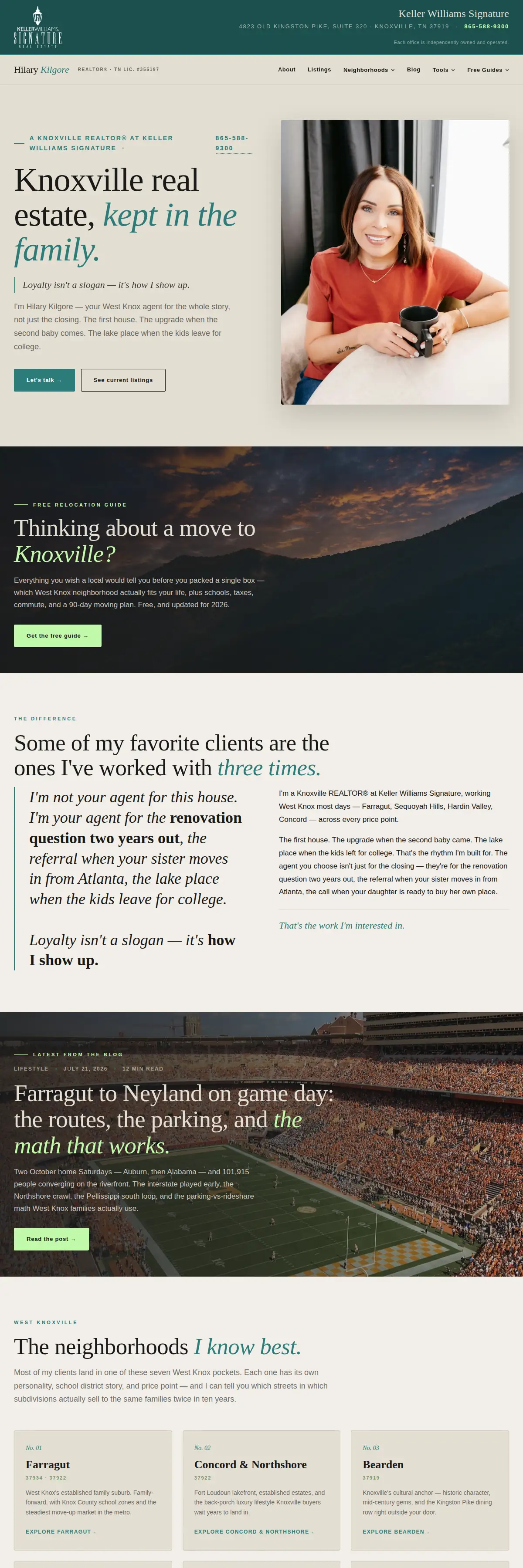The hilarykilgore.com home page: Hilary Kilgore, Knoxville REALTOR, with relocation guide, blog and neighborhood sections