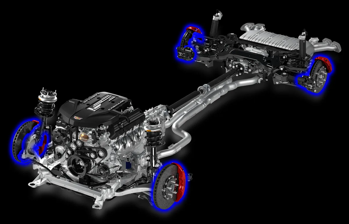 Cutaway illustration of the CT5-V Blackwing chassis with the four carbon ceramic brakes highlighted in blue