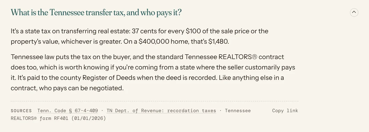 An expanded answer from the Tennessee mortgage FAQ on theblevinscollective.com explaining the state transfer tax, with its sources listed underneath and a Copy link button