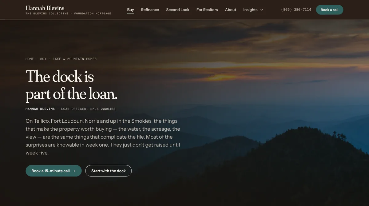 The lake and mountain home loans page on theblevinscollective.com, headlined &ldquo;The dock is part of the loan,&rdquo; over a photo of mountain ridges at dusk