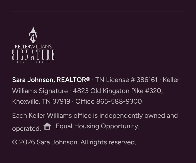The footer of Sara’s site on a phone: the Keller Williams Signature logo, then Sara Johnson, REALTOR®, TN License # 386161, Keller Williams Signature, the office address and phone number, the independently owned and operated notice, and Equal Housing Opportunity