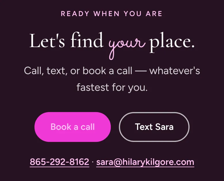 The closing section of Sara’s home page on a phone: “Let’s find your place,” with Book a call and Text Sara buttons above her phone number and email address
