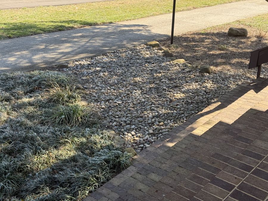 Liriope clumps in gravel bed near brick walkway