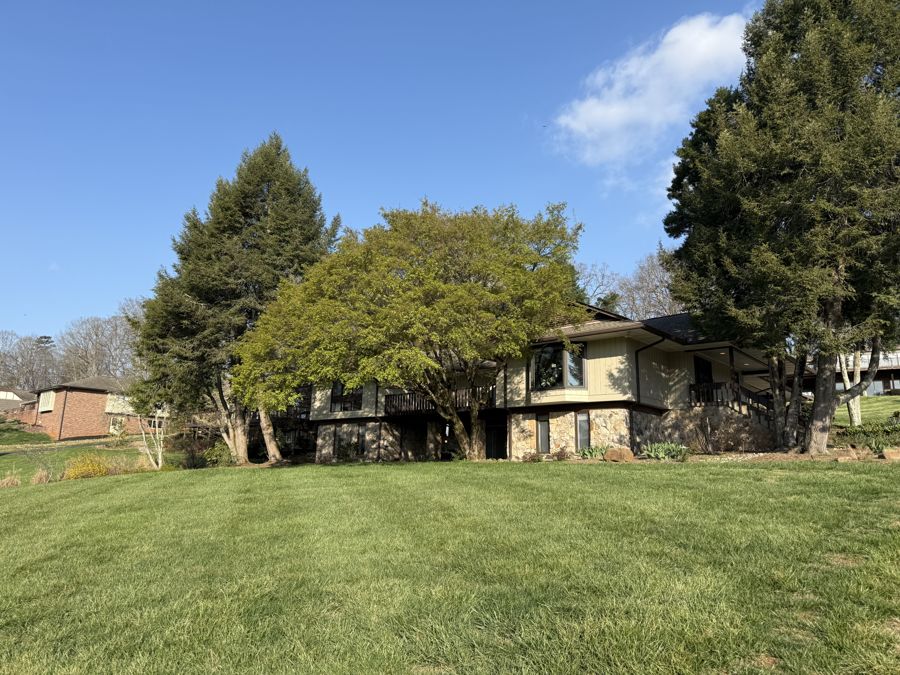 Full property view showing mature tree canopy and stone-facade home